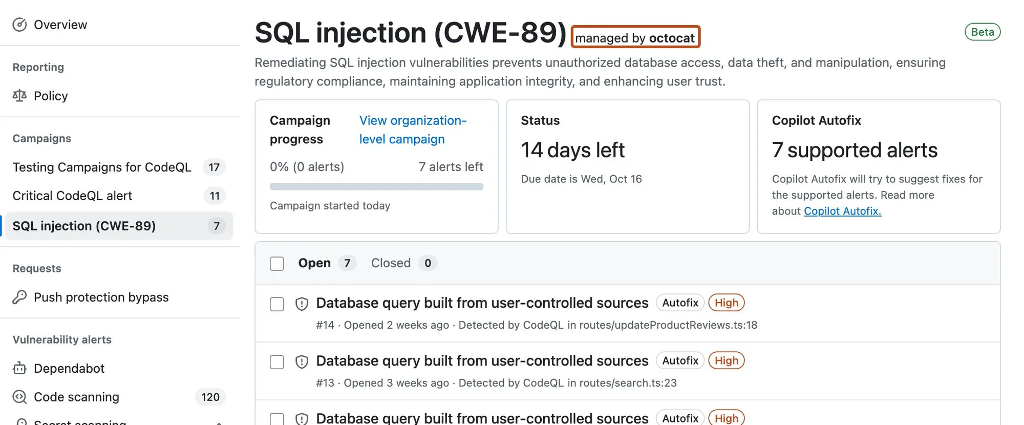 Fixing alerts in a security campaign - GitHub Docs
